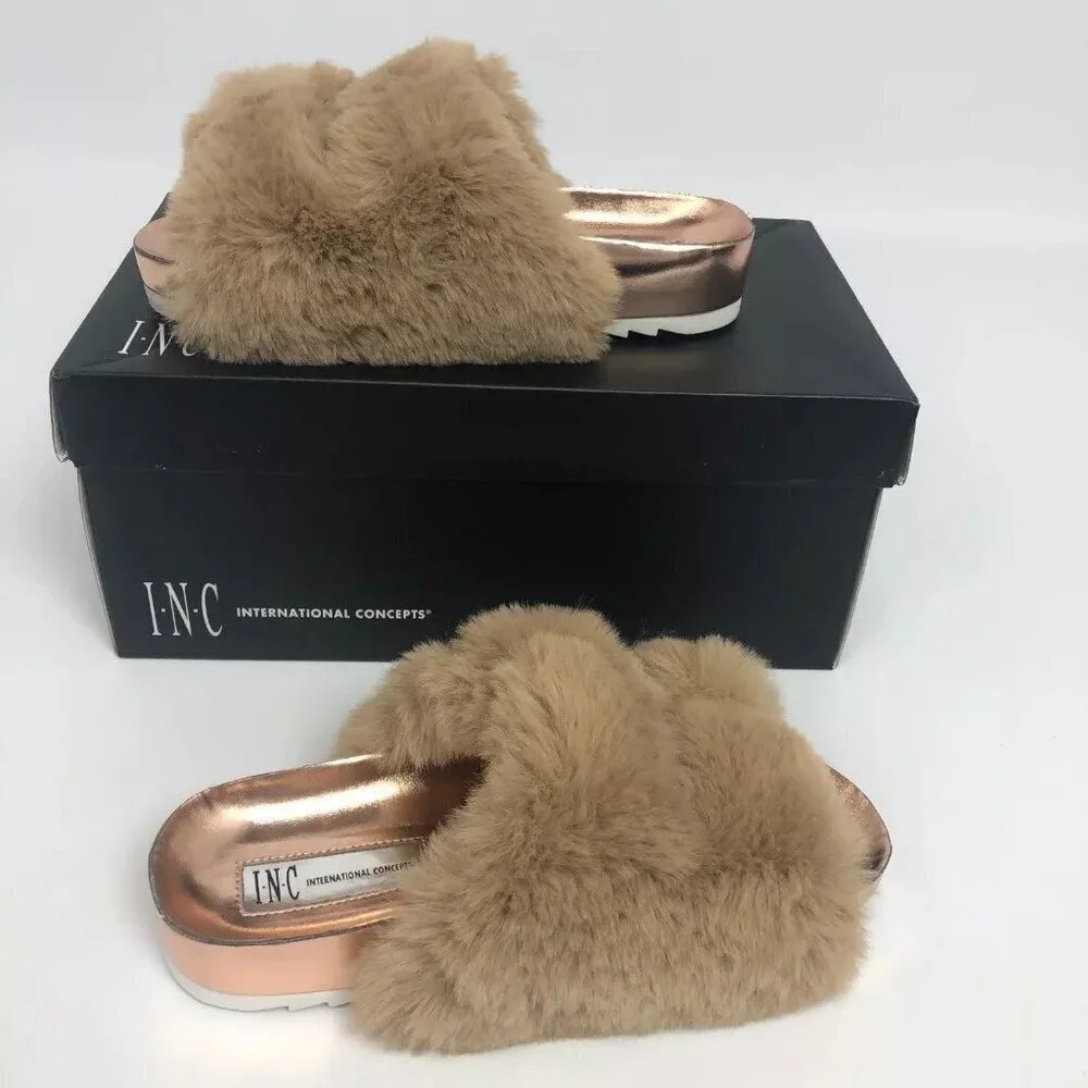 INC International Concepts Womens Alani Footbed Sandals Tan Faux Fur 5M